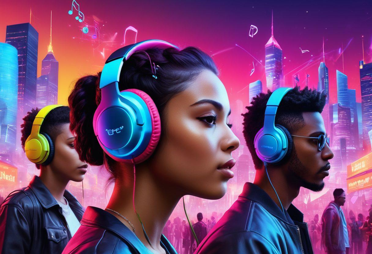 A vibrant digital landscape showcasing a diverse group of people exploring various music genres on colorful headphones amidst a backdrop of musical notes floating through the air. Bright neon colors reflecting different musical styles, with an urban city skyline representing modernity and trends. Include elements symbolizing discovery, such as a map with music icons. super-realistic. vibrant colors. cyberpunk.