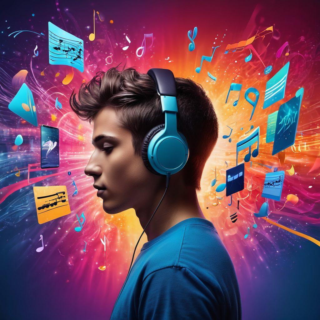 A visually striking collage depicting various music streaming platforms on vibrant screens, with abstract sound waves flowing through the air. A young person joyfully using headphones, surrounded by musical notes and icons representing sharing and collaboration. The background features a blend of colors that evoke sound and movement, creating a sense of rhythm. super-realistic. vibrant colors. dynamic composition.